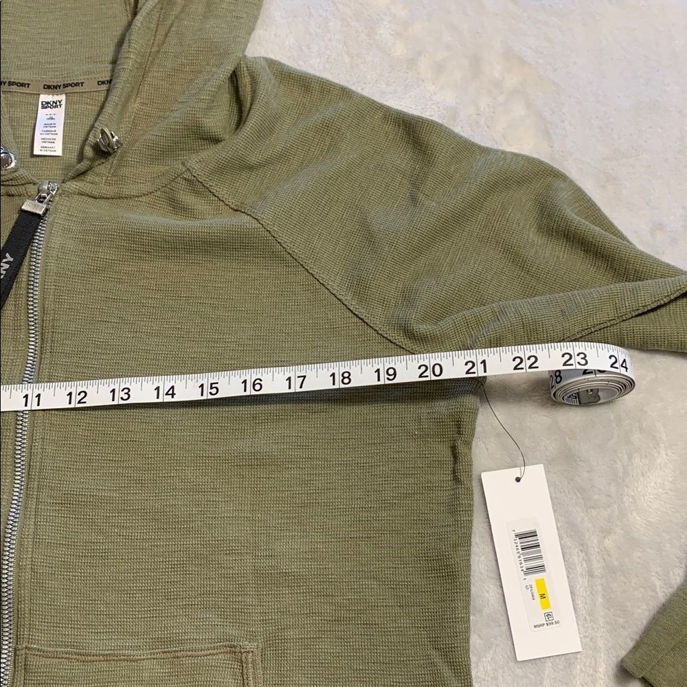 DKNY‎ Slub Waffle Knit Zip Front Hoodie NWT Medium Green Lightweight Cotton/Poly - Picture 12 of 16